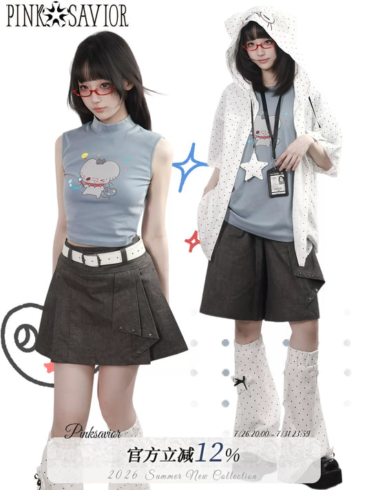 Pinksavior 【Sunny Diary】 Mouse Cartoonist Graphic Art Student Design-Feel T-Shirt Shirt Slimming Suit Set