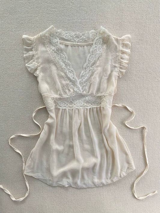 Vintage Lace Patchwork V-Neck Flutter Sleeves Chiffon Shirt for Women, Sweet Summer Outfit Top