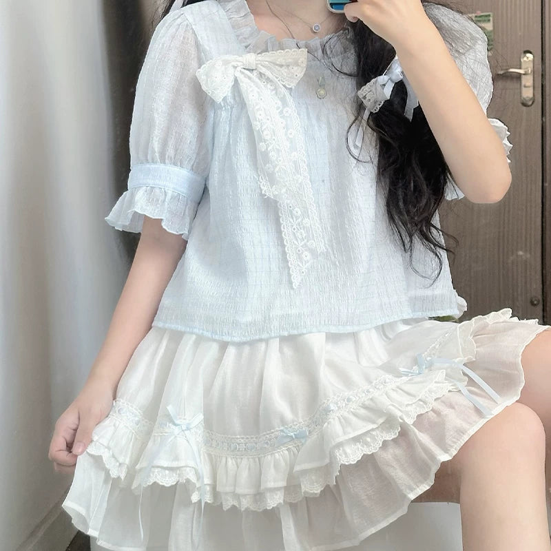 Lala Sauce Milk Flavor Original Design Blue Lightweight Chiffon Overlay Top & White “Cake Skirt” Dress Set