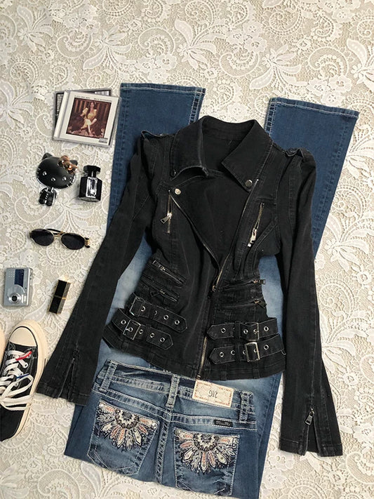 Black Zip-Up Motorcycle Jacket Denim Jacket for Women Early Spring Vintage American Retro Street Style