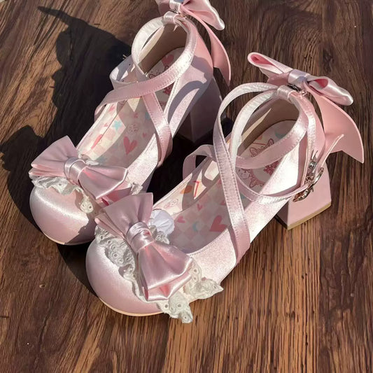 Original Sweetheart Curled Ballet-Style Satin Mid-Heel Shoes with Bow Details, Elegant Lolita Sweet Lace Chunky Heel Loafers