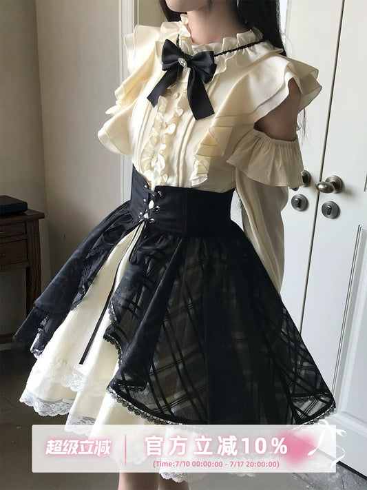 LaLa Sauce Black Chocolate Champagne Off-Shoulder “Gentry” Long-Sleeve Dress Set in Monochrome (Short Skirt Suit)
