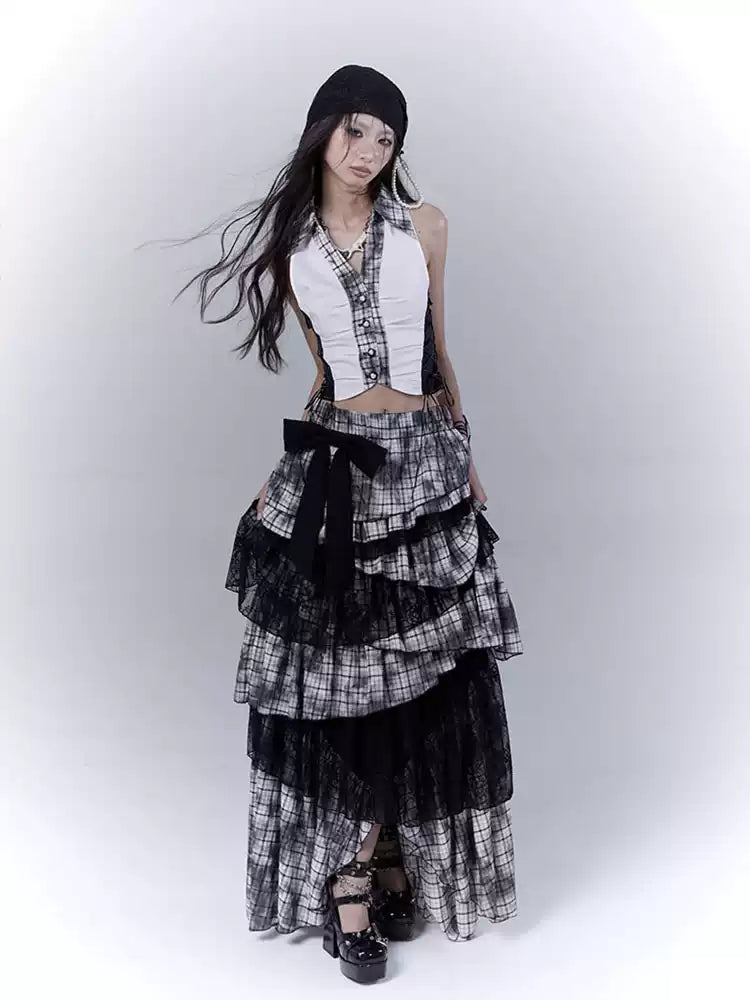 dark coquette lace splicing plaid cake multi-layer irregular long skirt
