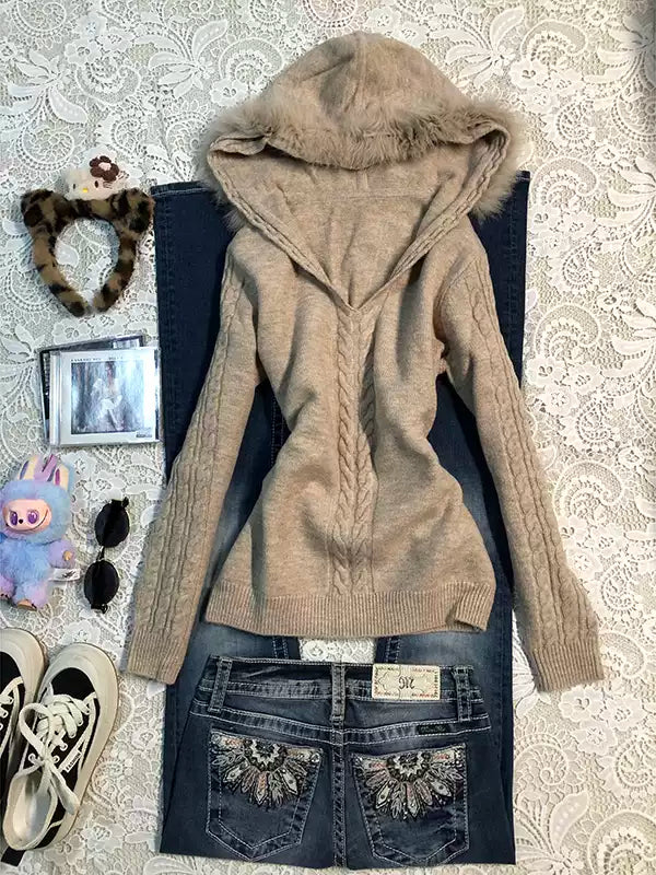 khaki hooded twist sweater