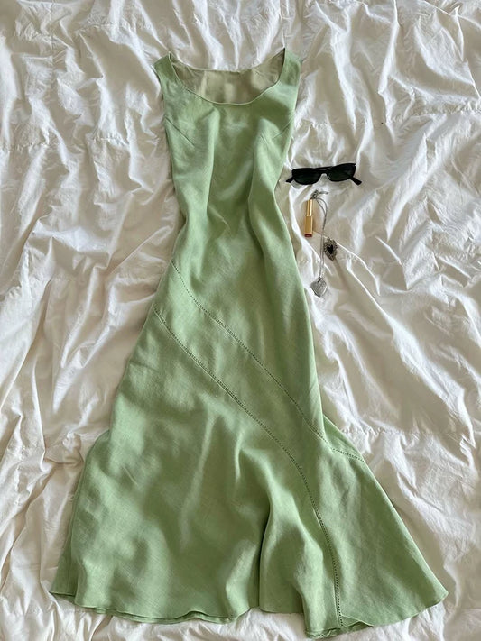 Green Vintage Literary Fresh Mermaid Fishtail Sleeveless Slimming Dress for Women Summer Small-Brand Styling