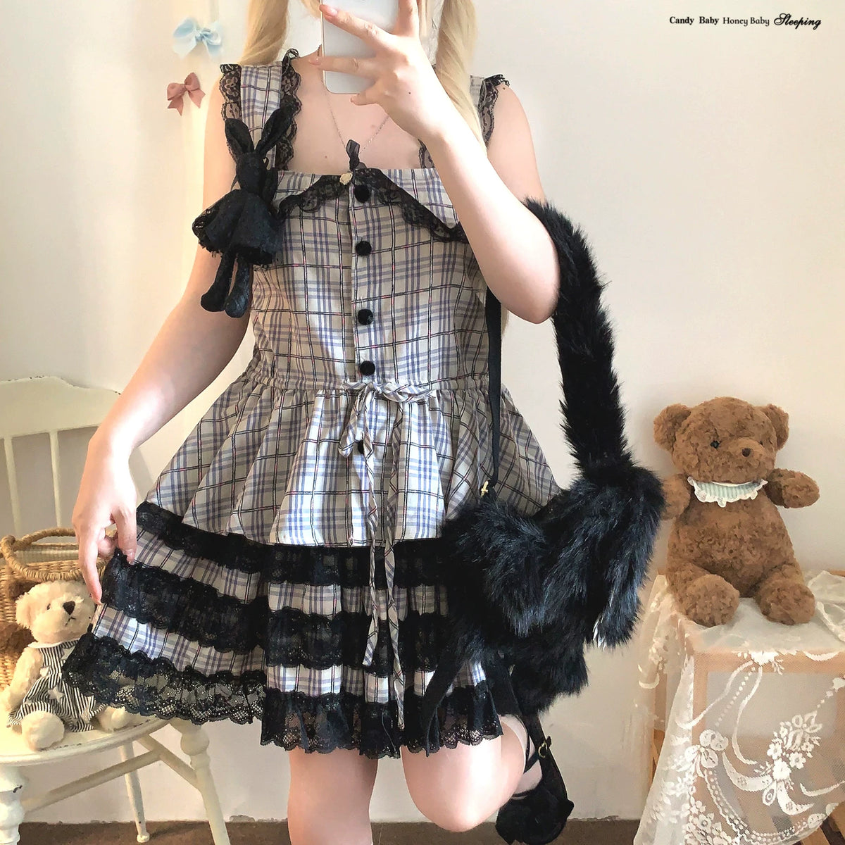 Sleepingdoll Handcrafted* Shadow Little Rabbit Plaid Dark Goth Lolita Lace Camisole Skirt Set