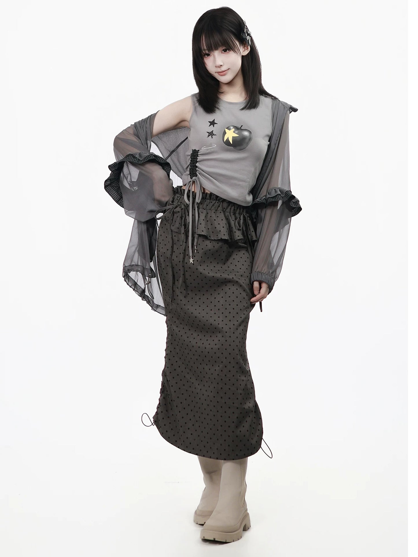 Ready Stock 【Black Fog】 Lightweight Chiffon Cardigan Sun Protection Jacket Summer Tank Dress Polka Dot Outfit Slimming