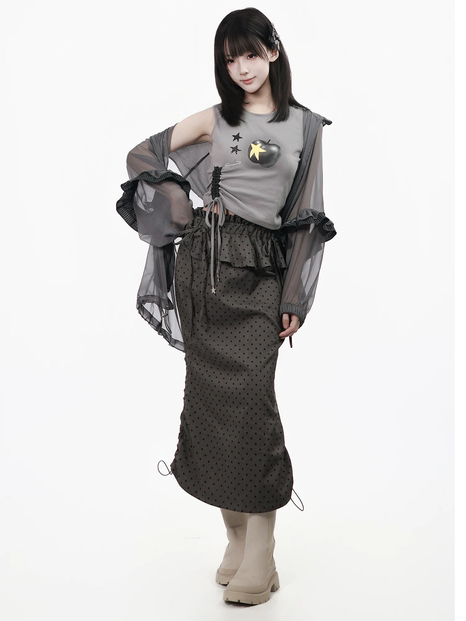 Ready Stock 【Black Fog】 Lightweight Chiffon Cardigan Sun Protection Jacket Summer Tank Dress Polka Dot Outfit Slimming