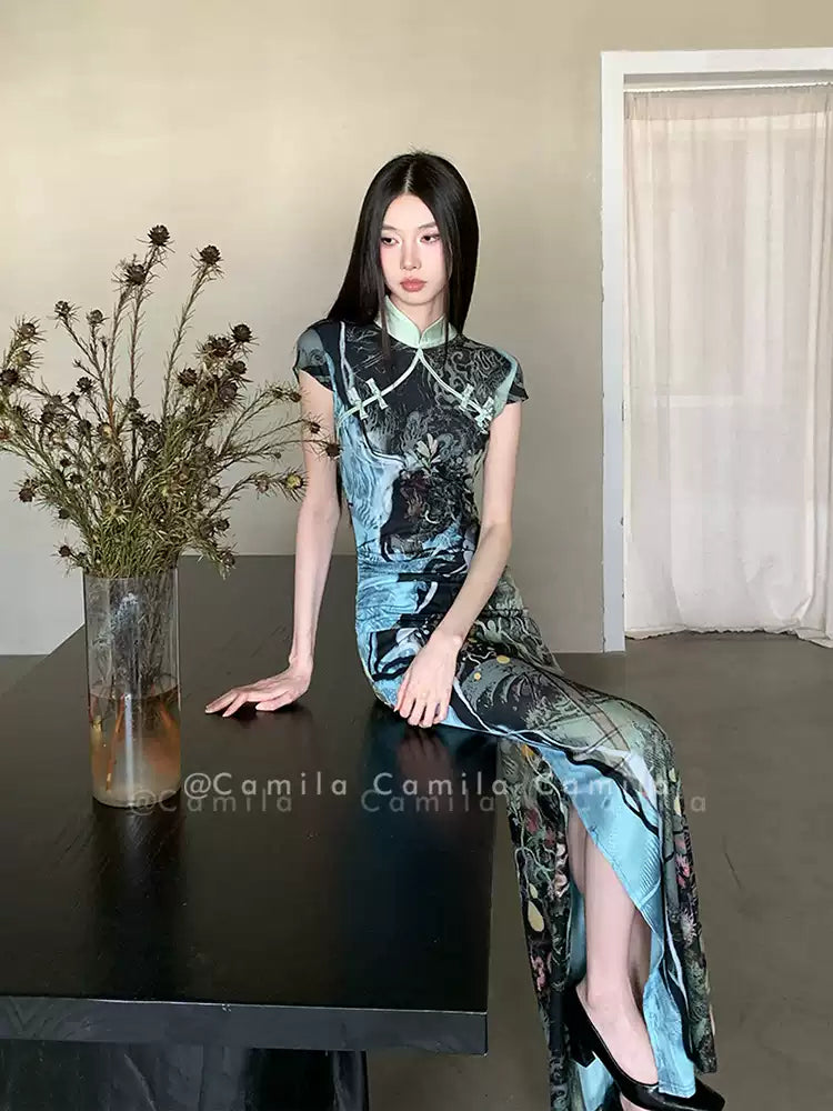 Landscape Painting Printed Cheongsam Dress