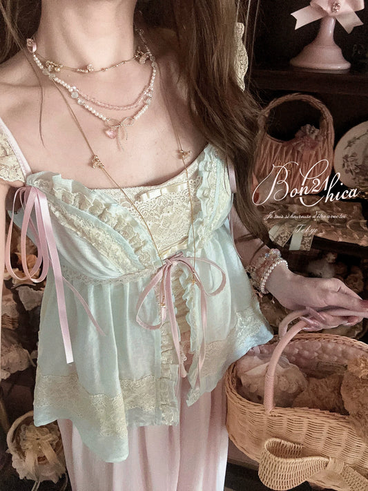 Powder Pink Lily-of-the-Valley French Vintage Lace Camisole Cardigan CT2474