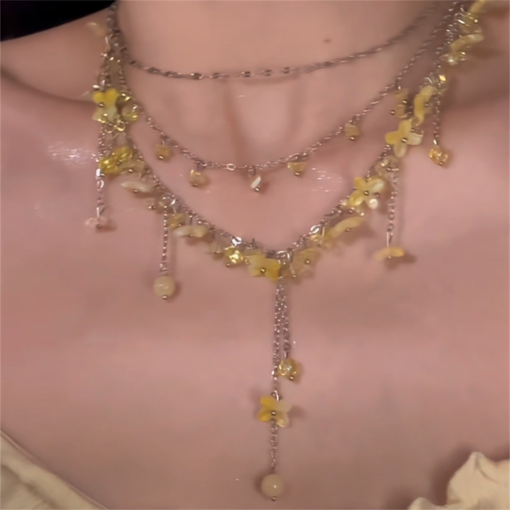 zoozmomo Yellow Crystal Flower Beaded Tassel Necklace for Women, Elegant Choker Collarbone Necklace
