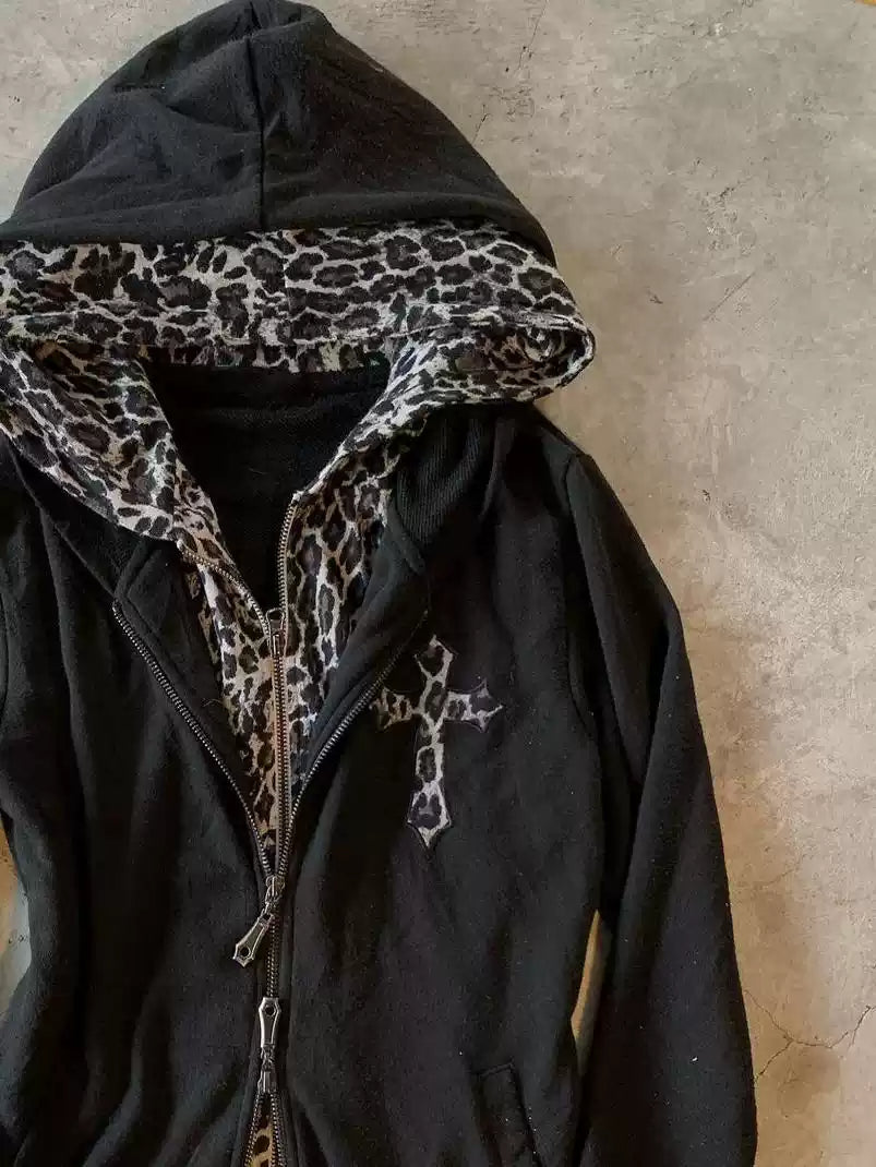 retro fake two-piece hooded leopard sweatshirt jacket