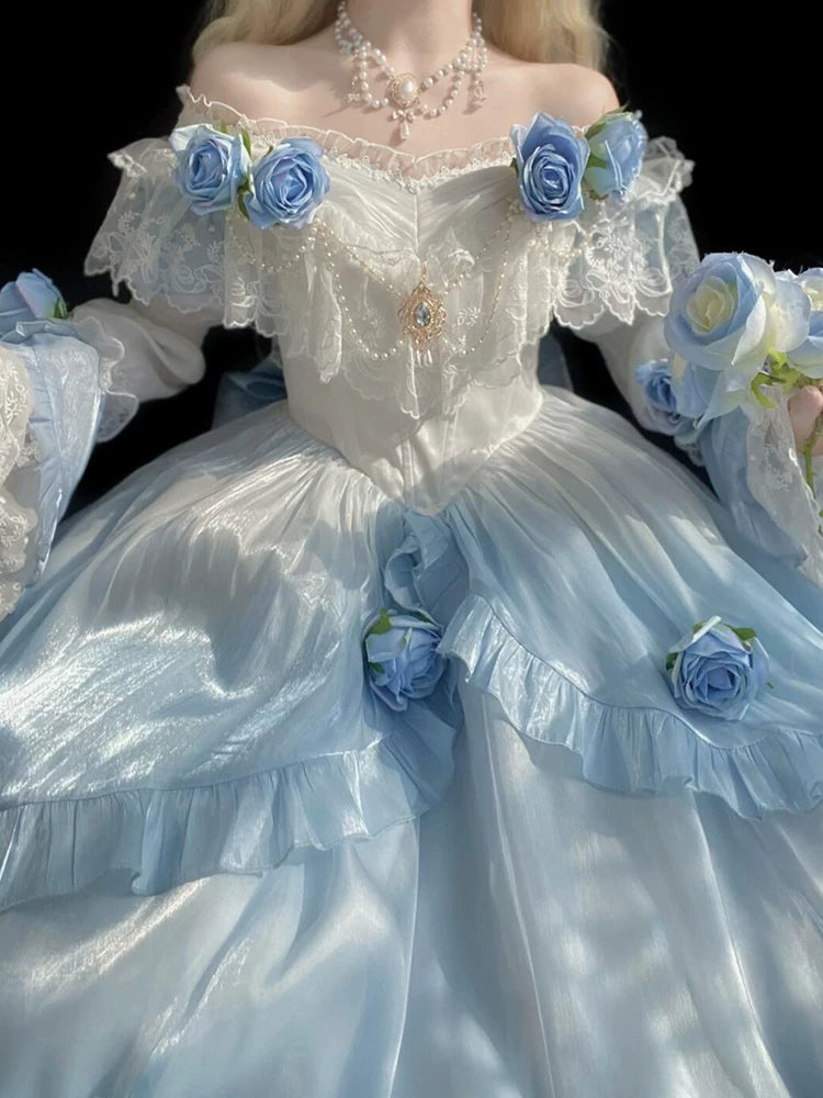 Escaping Princess Gradient Blue Lolita Fairy Long Dress Elegant Lolita Courtwear—Adult Coming-of-Age Heirloom Embroidered Puff Skirt