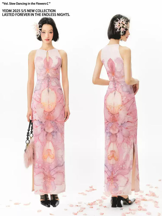 Illustrator Floral Print Cheongsam Dress