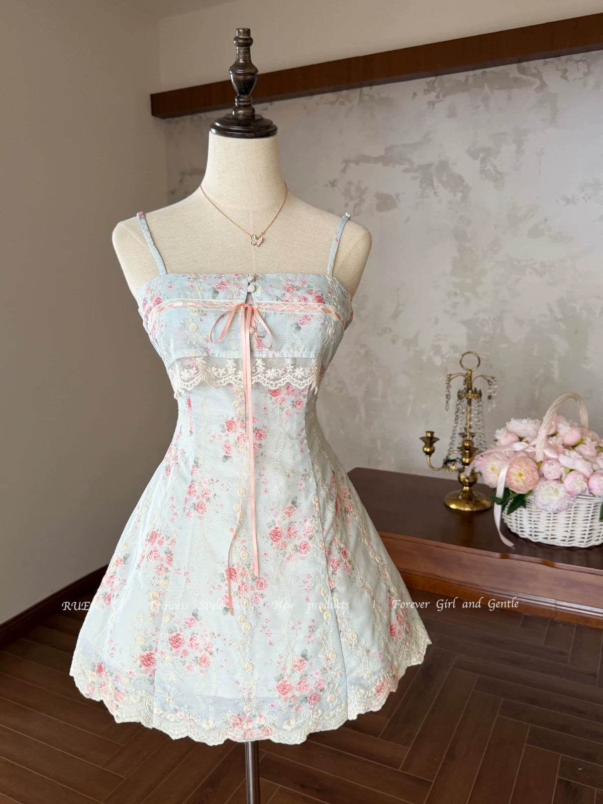 New Discount Zhaoruer Original Lace “Pure Desire” Tie-Embroidered Print Cinched-Waist Early Autumn Slip Dress Set