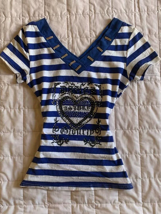 Gothic Rose Original Blue Nautical Stripe V-Neck Slimming Short-Sleeve T-Shirt for Women, Summer Versatile, Chic Boutique Styling