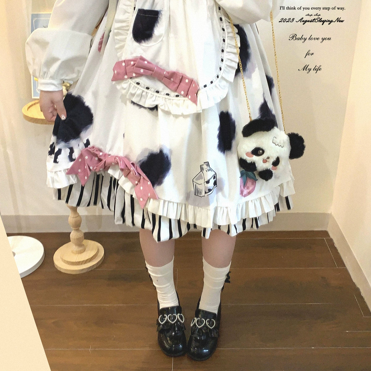 Last-chance HCLL Navy Peter Pan Collar Cute Polka Dot Bow Appliqué Cow Pattern Bib Apron Patchwork Striped Lolita Dress