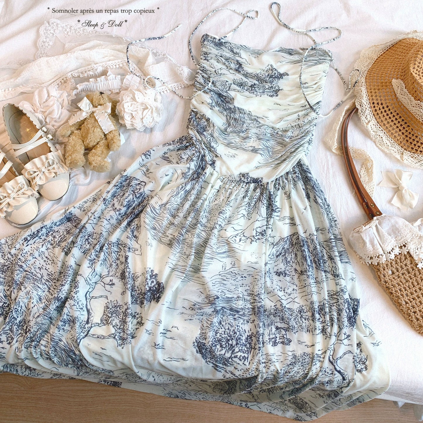 Last-Call XLXY New Chinese-Style Hand-Painted Ink Wash Vintage Landscape Print Tie-Belt Waist Bandeau Slip Dress *f