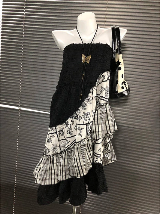 Xia Zi Handmade Original Color-Block Floral Print Bustier Dress for Women Summer Vintage Retro Outfit Cake Skirt