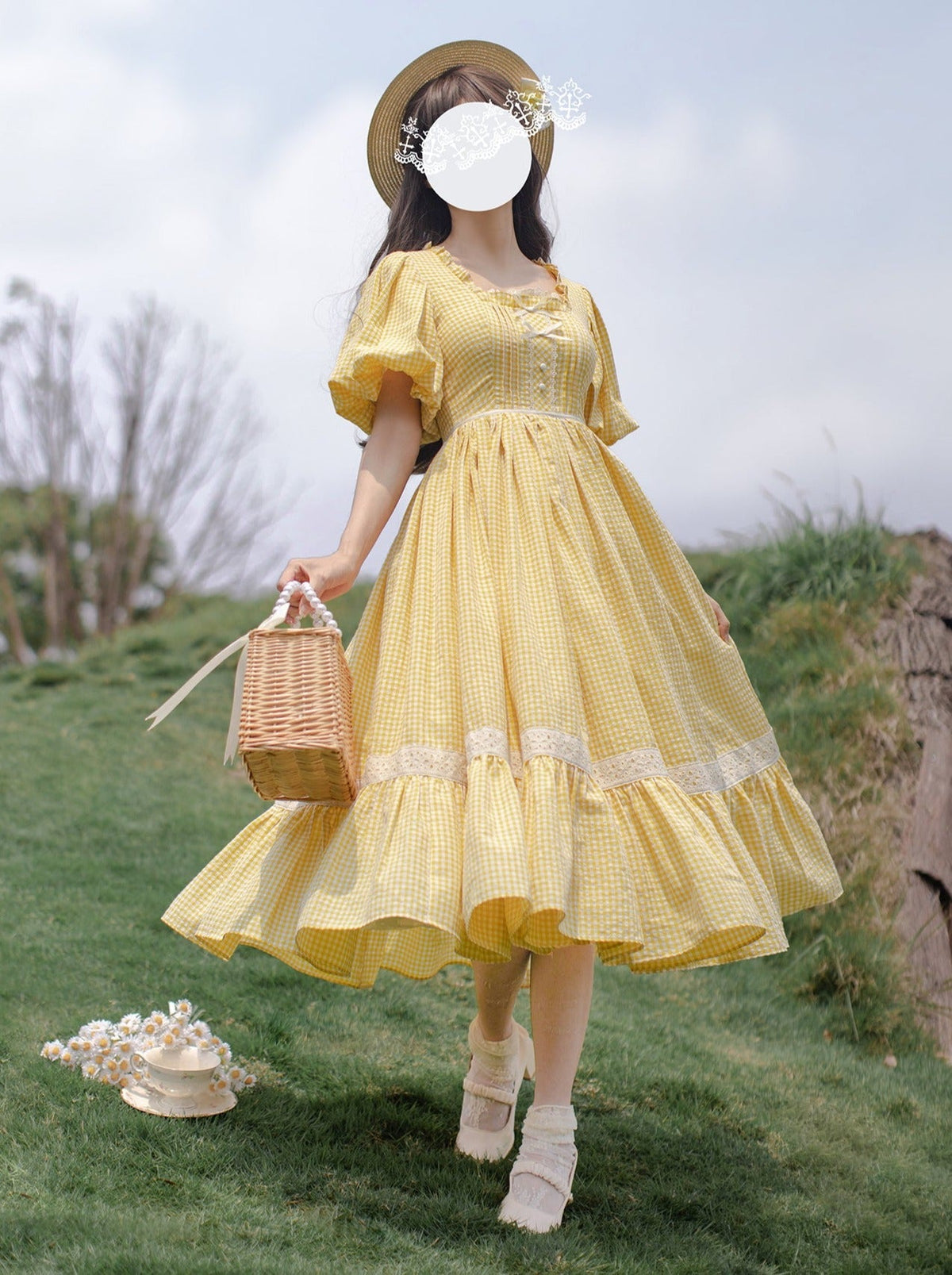 【Pre-order item】Retro Girly Yellow Dress + Apron + Ribbon