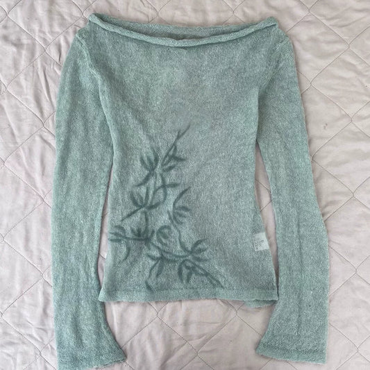 Original Vintage-Inspired Elegant Design Green Long-Sleeve Knit Top