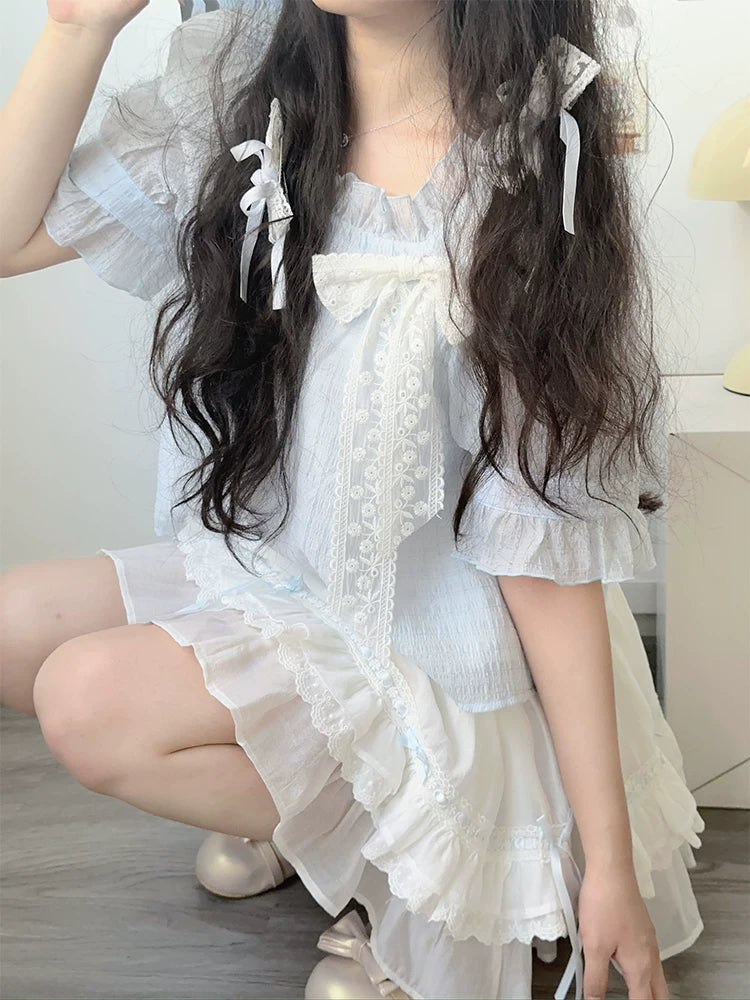 Lala Sauce Milk Flavor Original Design Blue Lightweight Chiffon Overlay Top & White “Cake Skirt” Dress Set