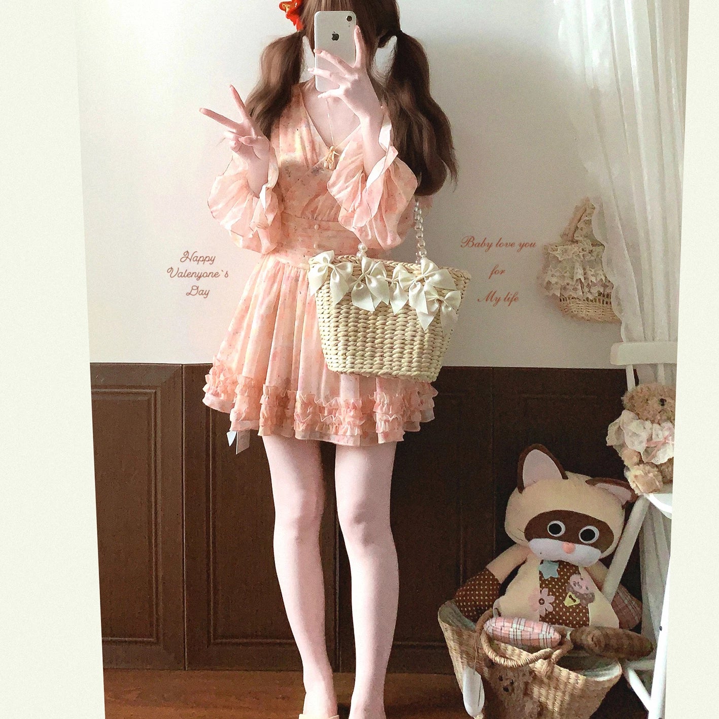 Last-Piece Joykik* French Vintage Oil Painting Style Romantic Floral Ruffled-Cuff Puff-Sleeve Dress