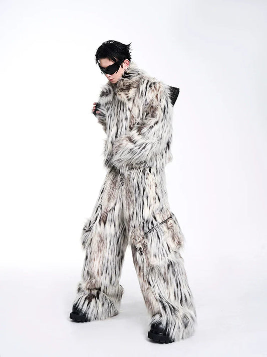 Leopard Fake Fur Jacket & Wide-Leg Fake Fur Pants Setup Beige Jacket