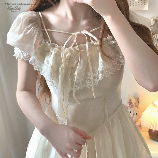 Last-Call lrgy Layered Lace 3D Rose Off-Shoulder Puff Sleeve Princess Dress