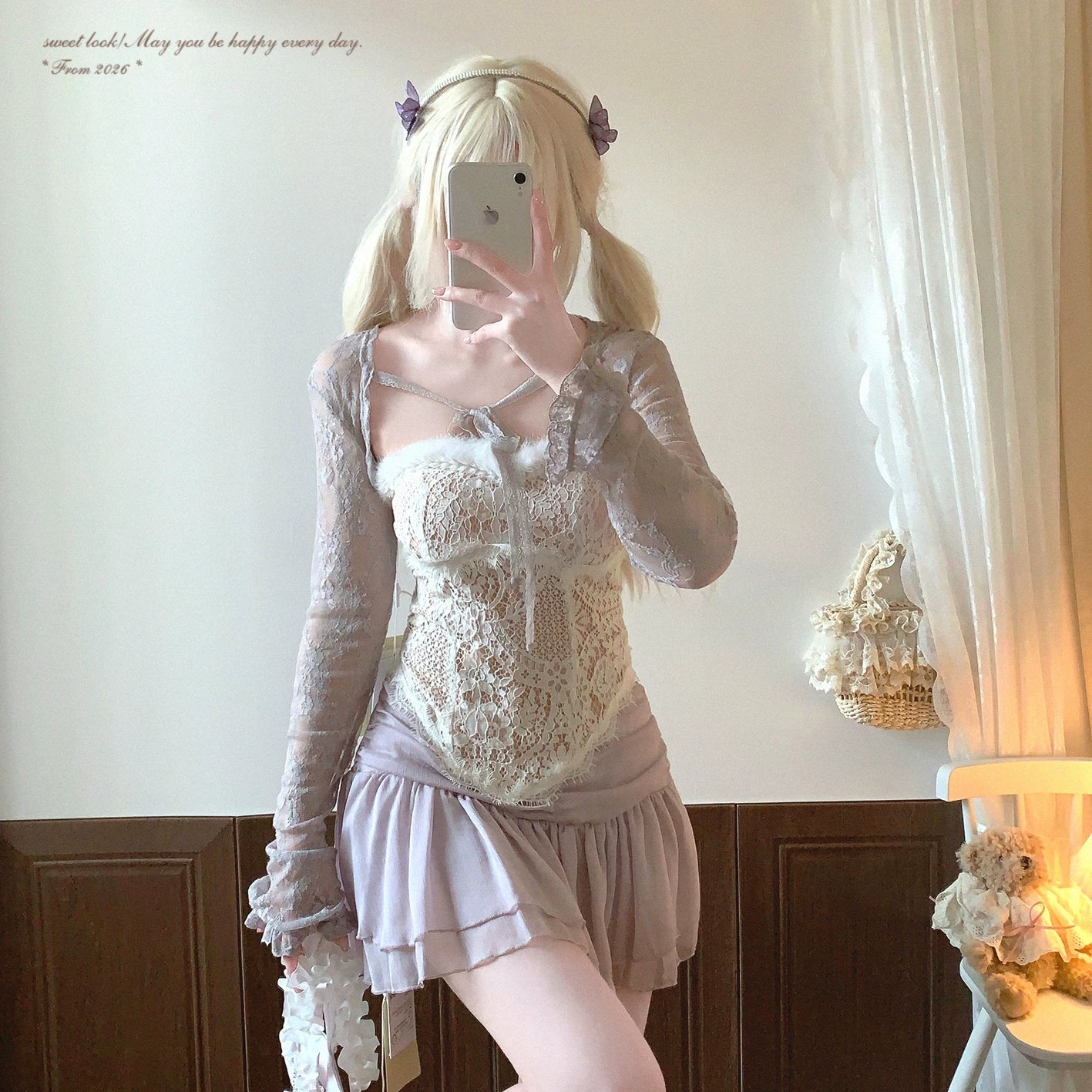 Last-Season Deal Joykik* Pure-Desire Fluffy Trim Patchwork Lace Floral Irregular Sexy Off-Shoulder Bustier Top