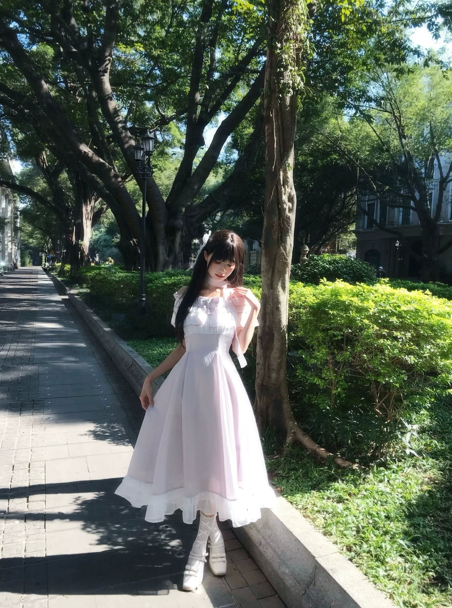 La La Sauce Iris Poem Clear-Style Chiffon Dress with Ironic Ruffle Hem Off-Shoulder Long Dress for Women (Purple)