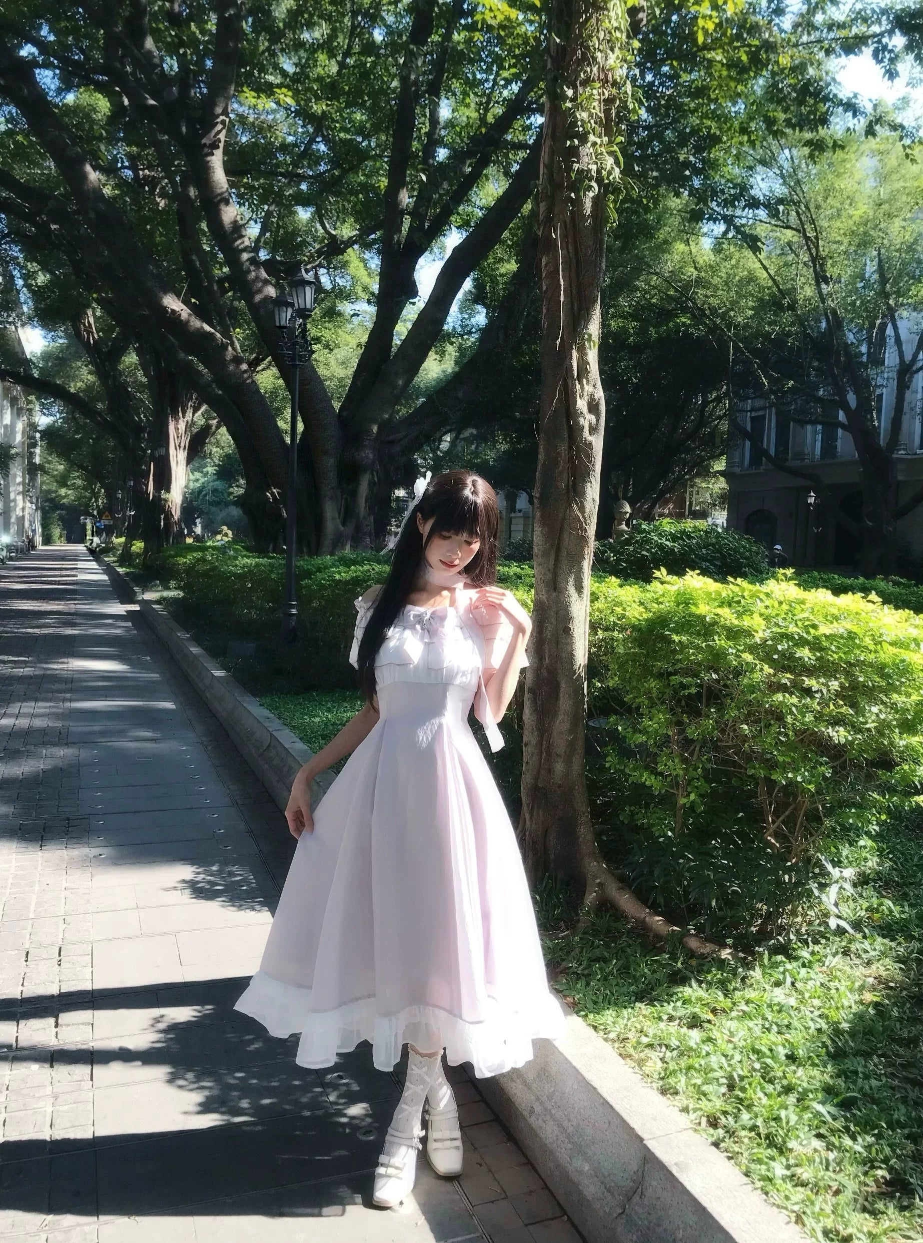 La La Sauce Iris Poem Clear-Style Chiffon Dress with Ironic Ruffle Hem Off-Shoulder Long Dress for Women (Purple)