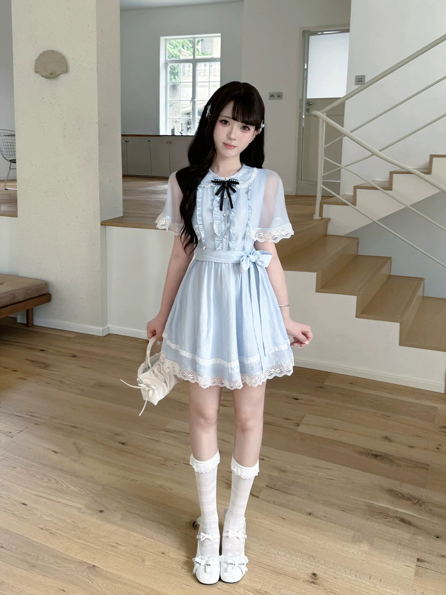 LaLa Sauce YU Qingxia Clear-Style Blue Girls’ Lace-Detailed Chiffon Cape Dress with Waist Cinching Sweet Princess Silhouette