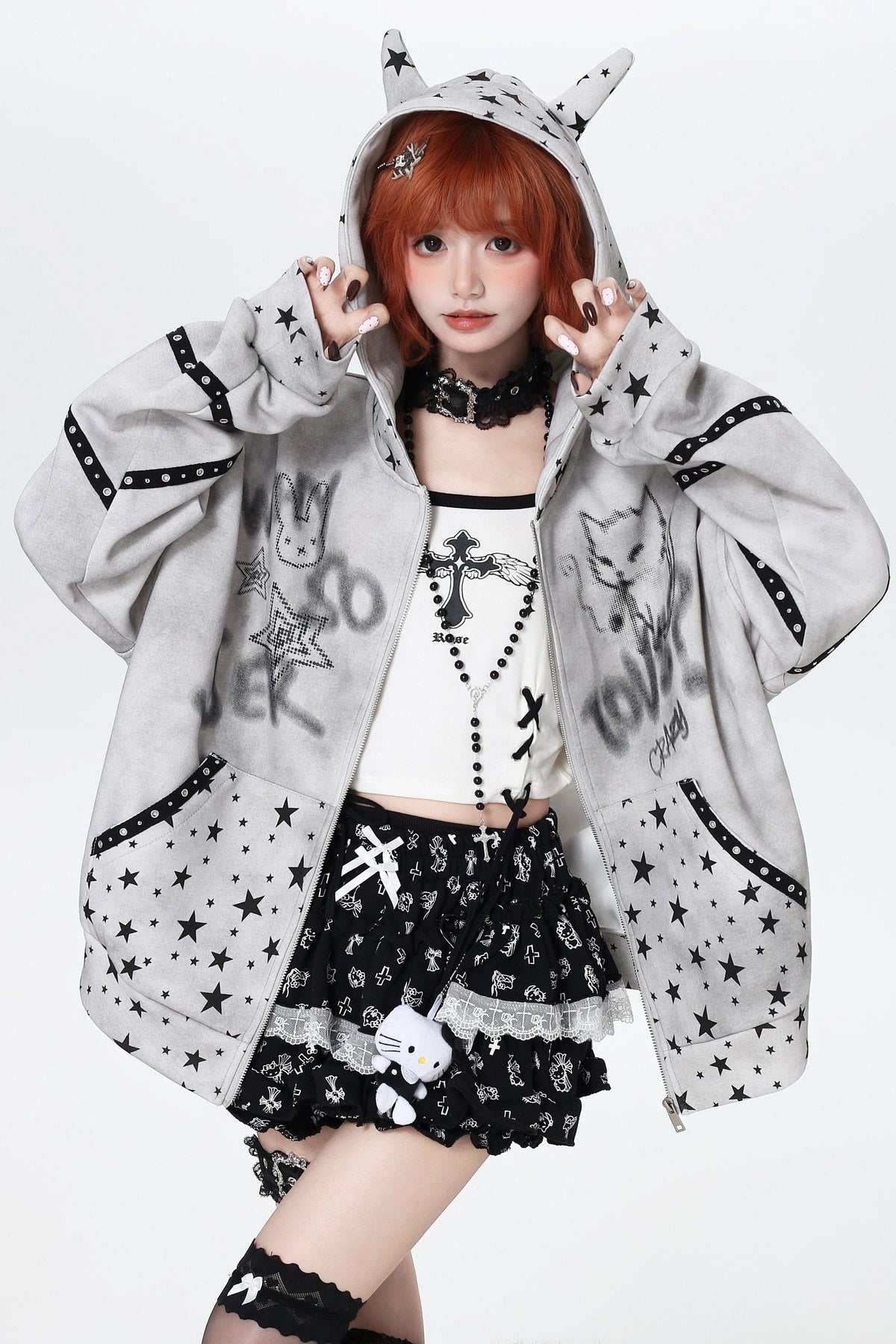 Devil Star Graffiti Hooded Jacket Gray