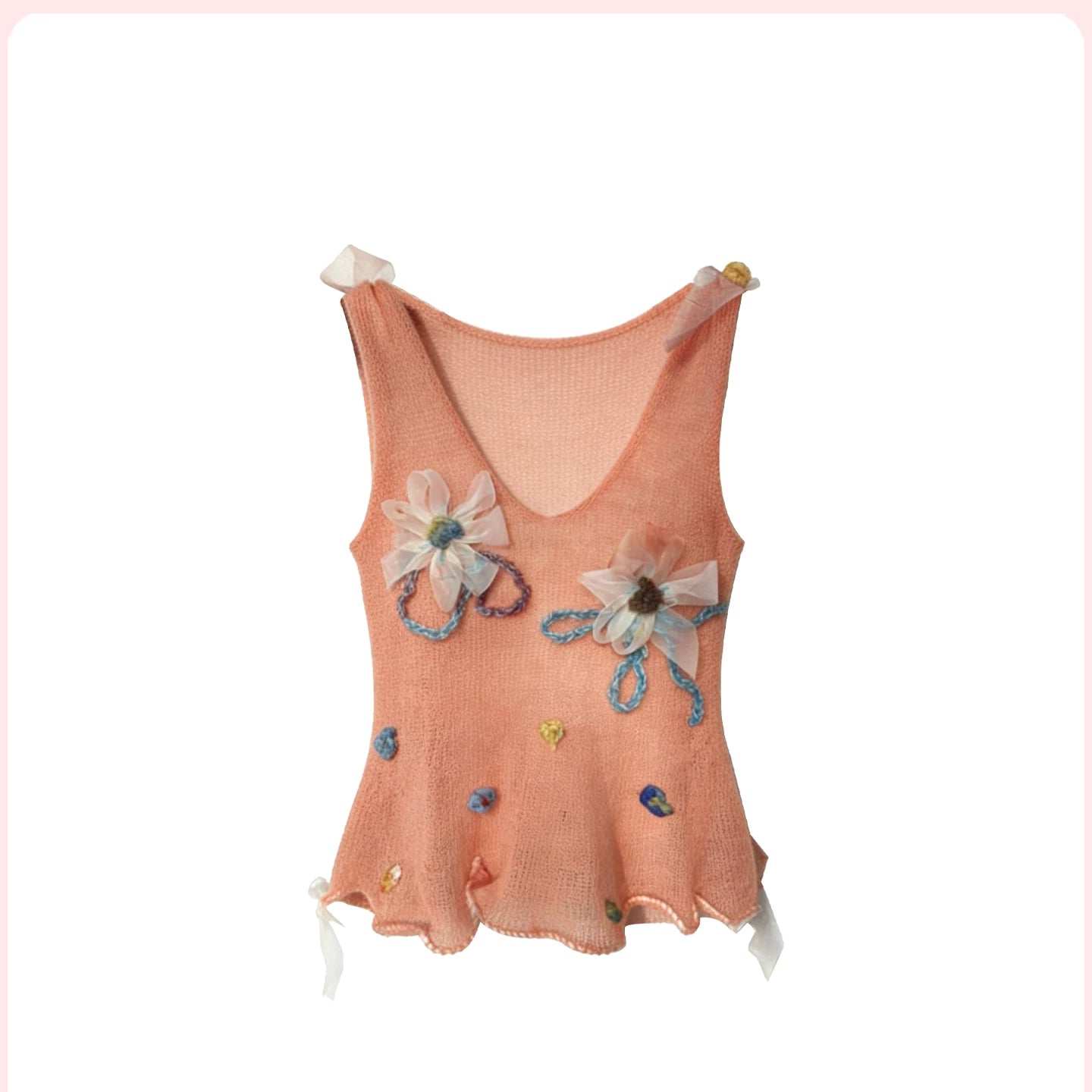 Hand-Sewn Flower Top, Georgette Hem Flowy Silhouette, Adjustable Straps, Chic & Unique Knit Camisole for Women