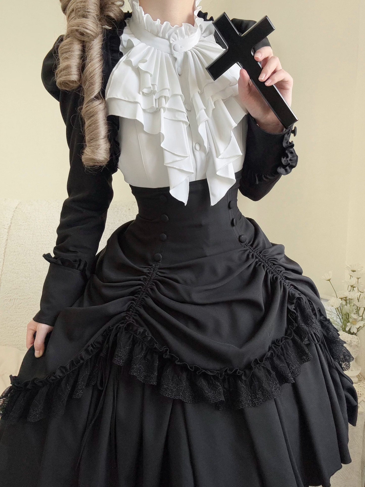 [Pre-order] Dark Gothic Black Corset Layered Pull-Up Skirt