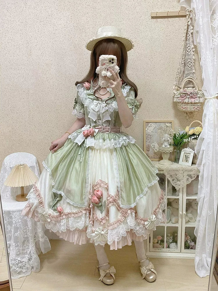 Green-Pink Floral Elegant Glamorous “Madam” Short-Sleeve Lolita Dress, Embroidered Heirloom Lolita Sweet Princess Outfit 绿粉套装