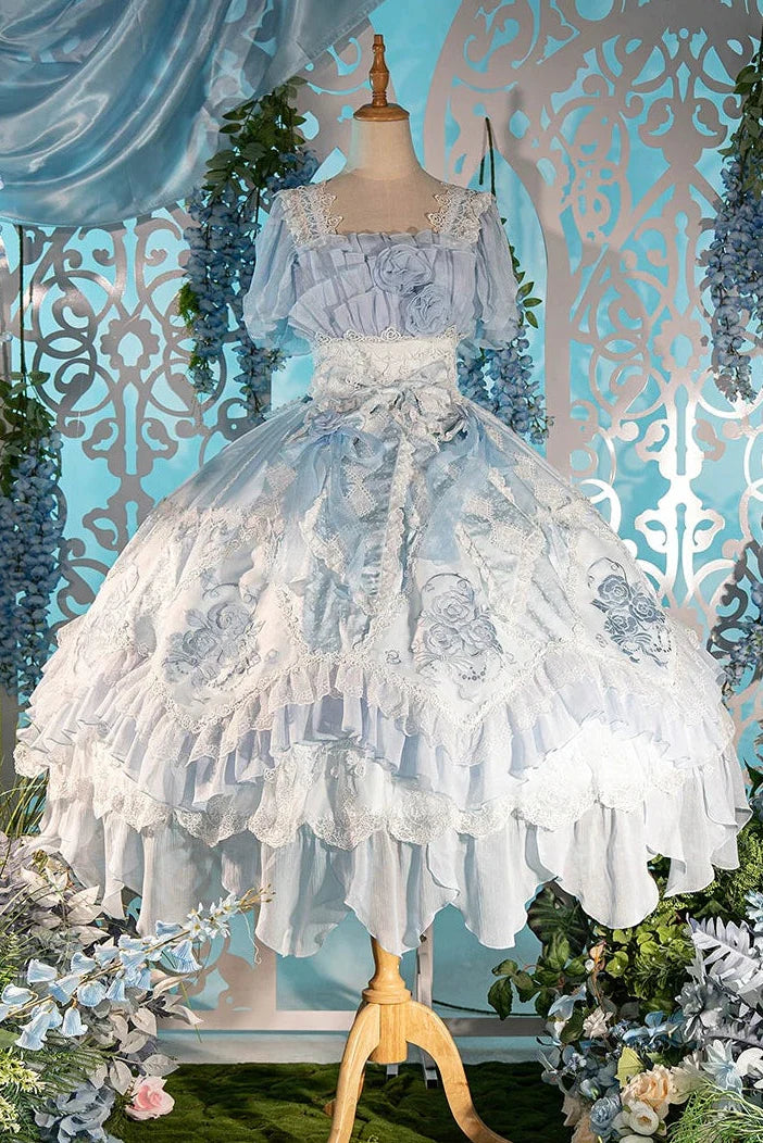 Fairy Princess Lolita Jumper Skirt + Hair Accessories + Sleeves Blue ［Long Jsk ］