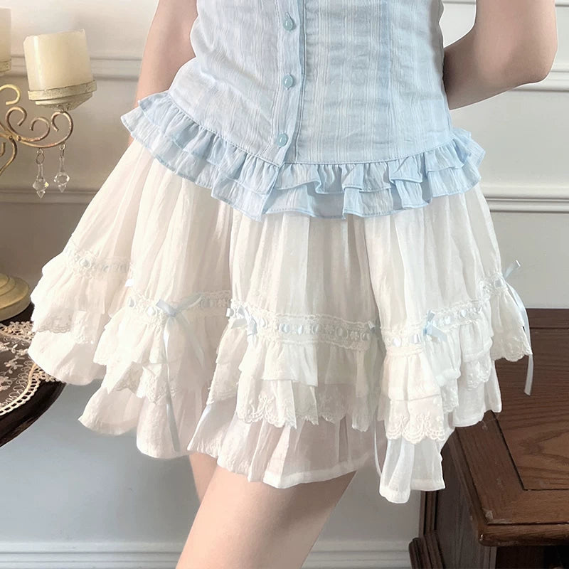 Lala Sauce Milk Flavor Original Design Blue Lightweight Chiffon Overlay Top & White “Cake Skirt” Dress Set