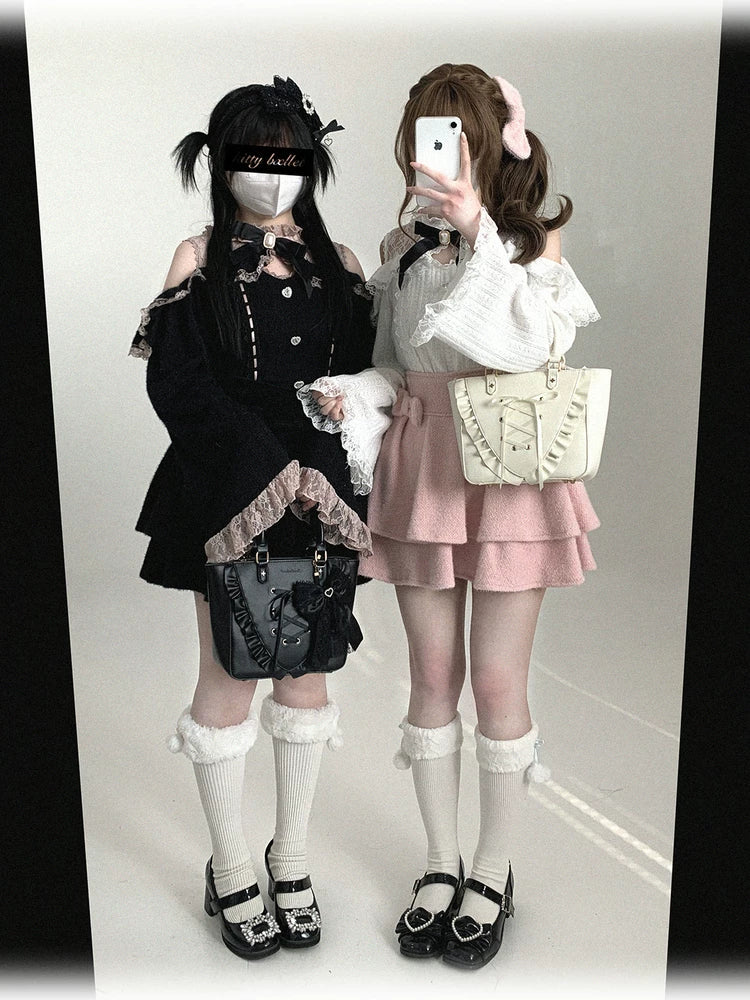 KittyBxllet Original【Love Lace / Autumn-Winter】Lace Sheer “Little Tricks” One-Shoulder Off-Shoulder Top