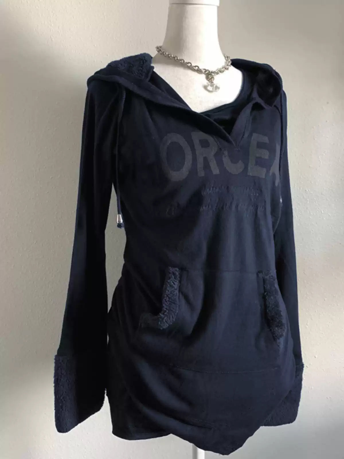 Dark blue lamb wool patchwork hooded sweatshirt
