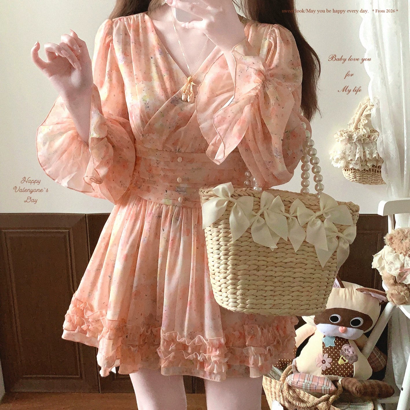 Last-Piece Joykik* French Vintage Oil Painting Style Romantic Floral Ruffled-Cuff Puff-Sleeve Dress