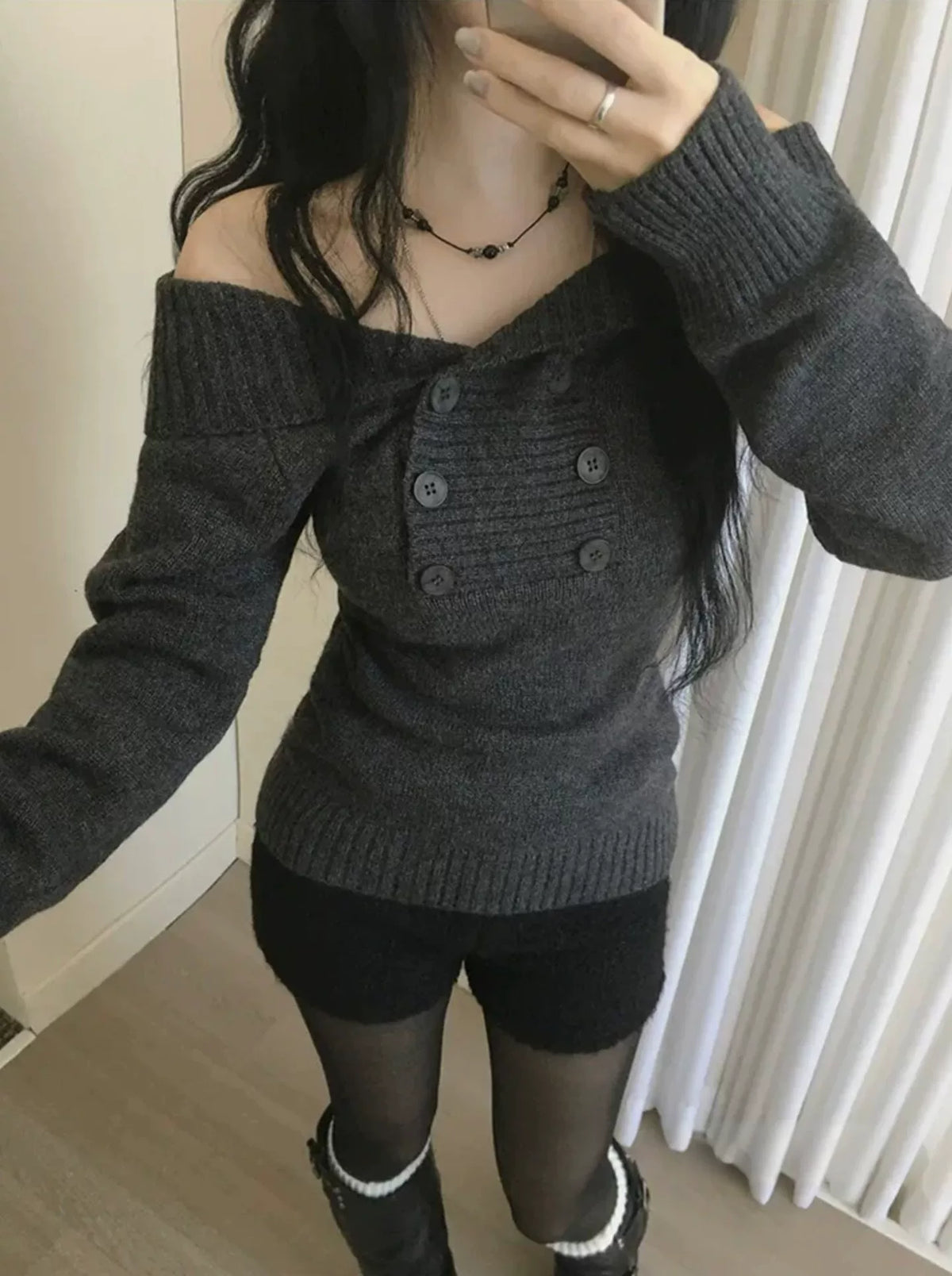 Women’s Ribbed Turtleneck Sweater | Korean-Inspired One Shoulder Knit Top with Double Button Detail