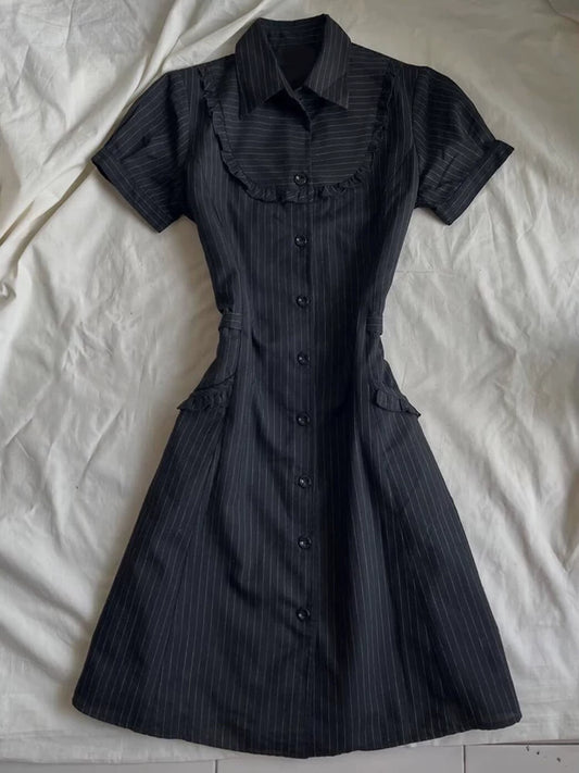 Black Striped Fitted Waist-Cinching Lapel Short-Sleeve Midi Dress for Women—Summer Styling