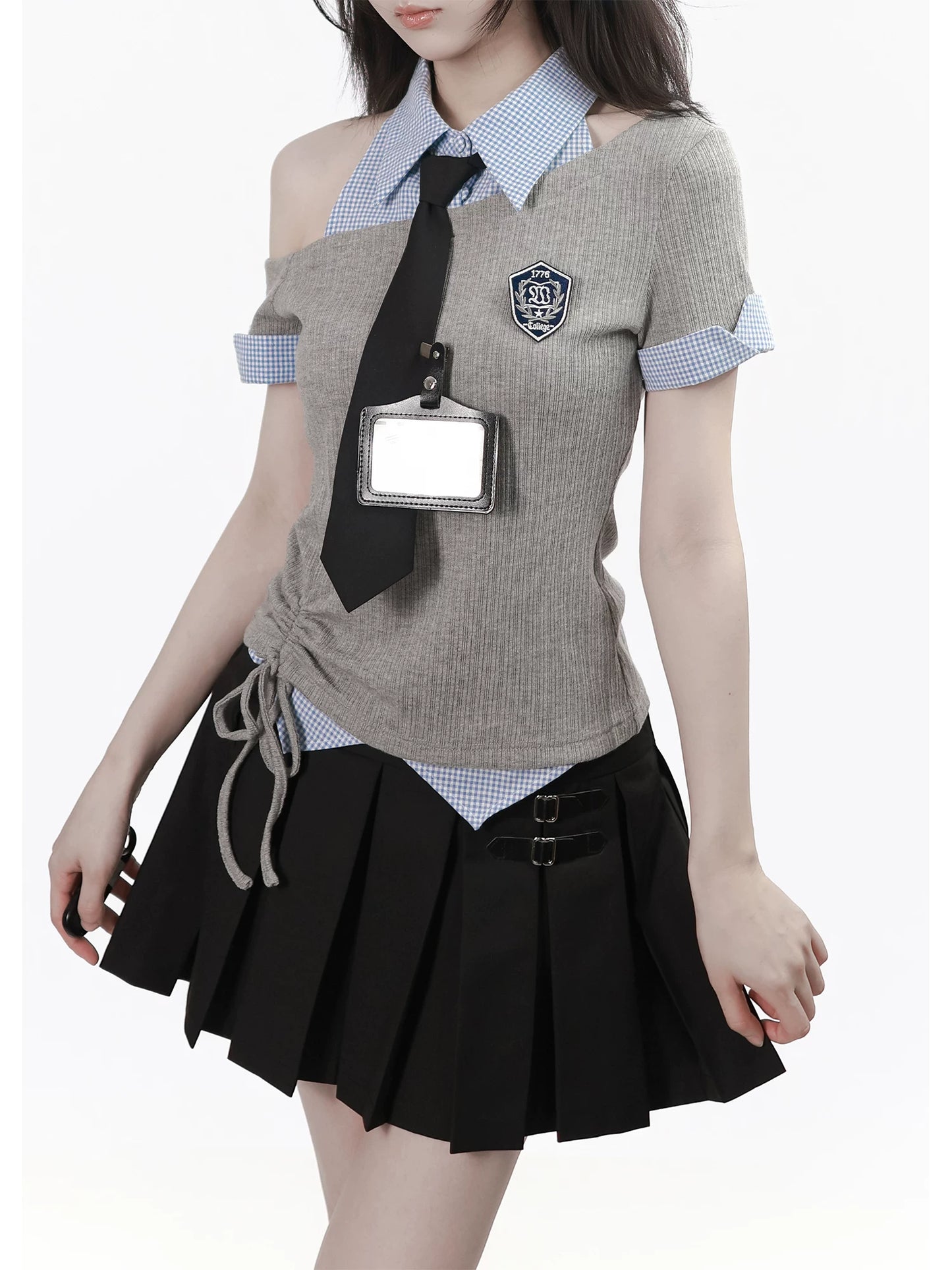 Ready Stock: “Gentle Rules” Off-Shoulder Ribbed Button-Trim Corset-Waist Shirt Top + Camisole Pleated Skirt (Slimming Look)