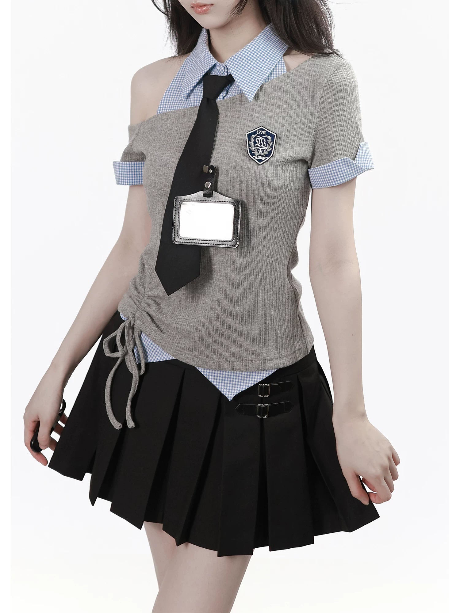 Ready Stock: “Gentle Rules” Off-Shoulder Ribbed Button-Trim Corset-Waist Shirt Top + Camisole Pleated Skirt (Slimming Look)