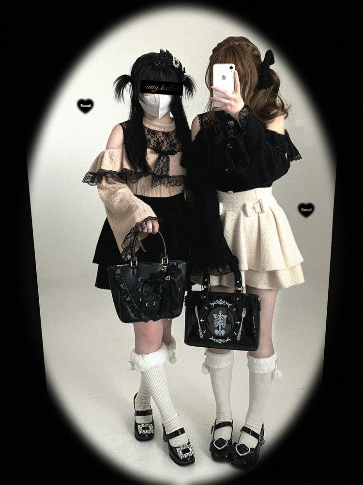 KittyBxllet Original【Love Lace / Autumn-Winter】Lace Sheer “Little Tricks” One-Shoulder Off-Shoulder Top