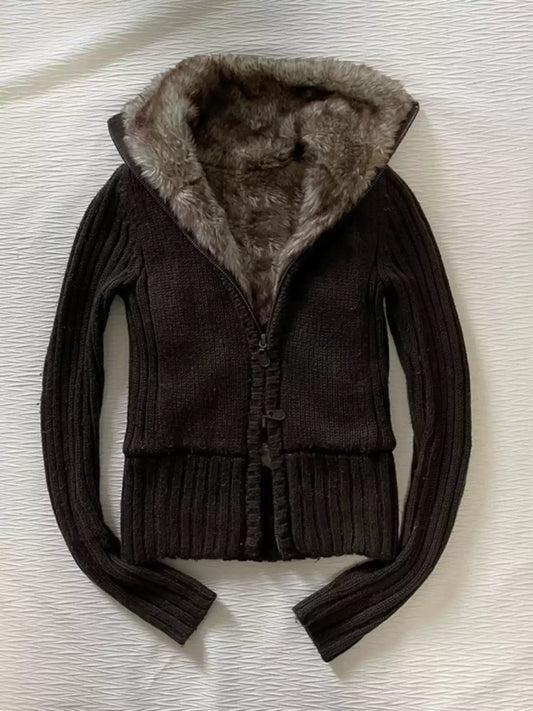 Brown turtleneck lamb wool sweater jacket