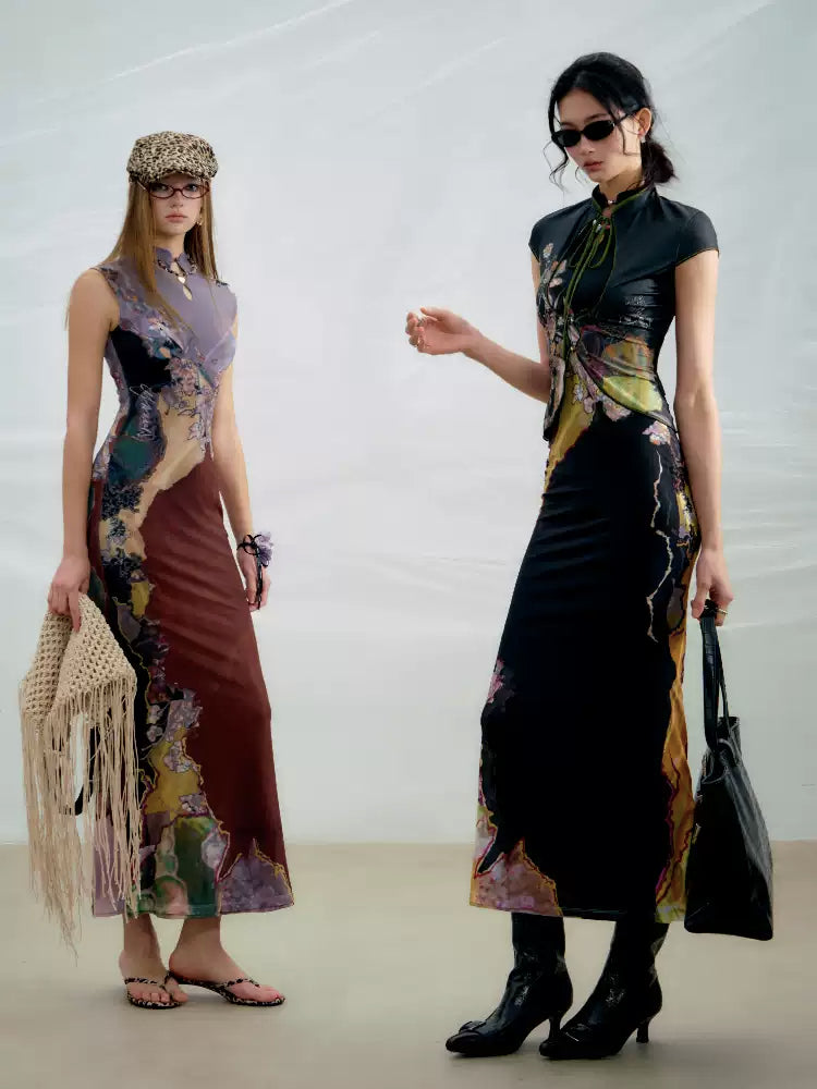 Chinese Print Cheongsam Dress