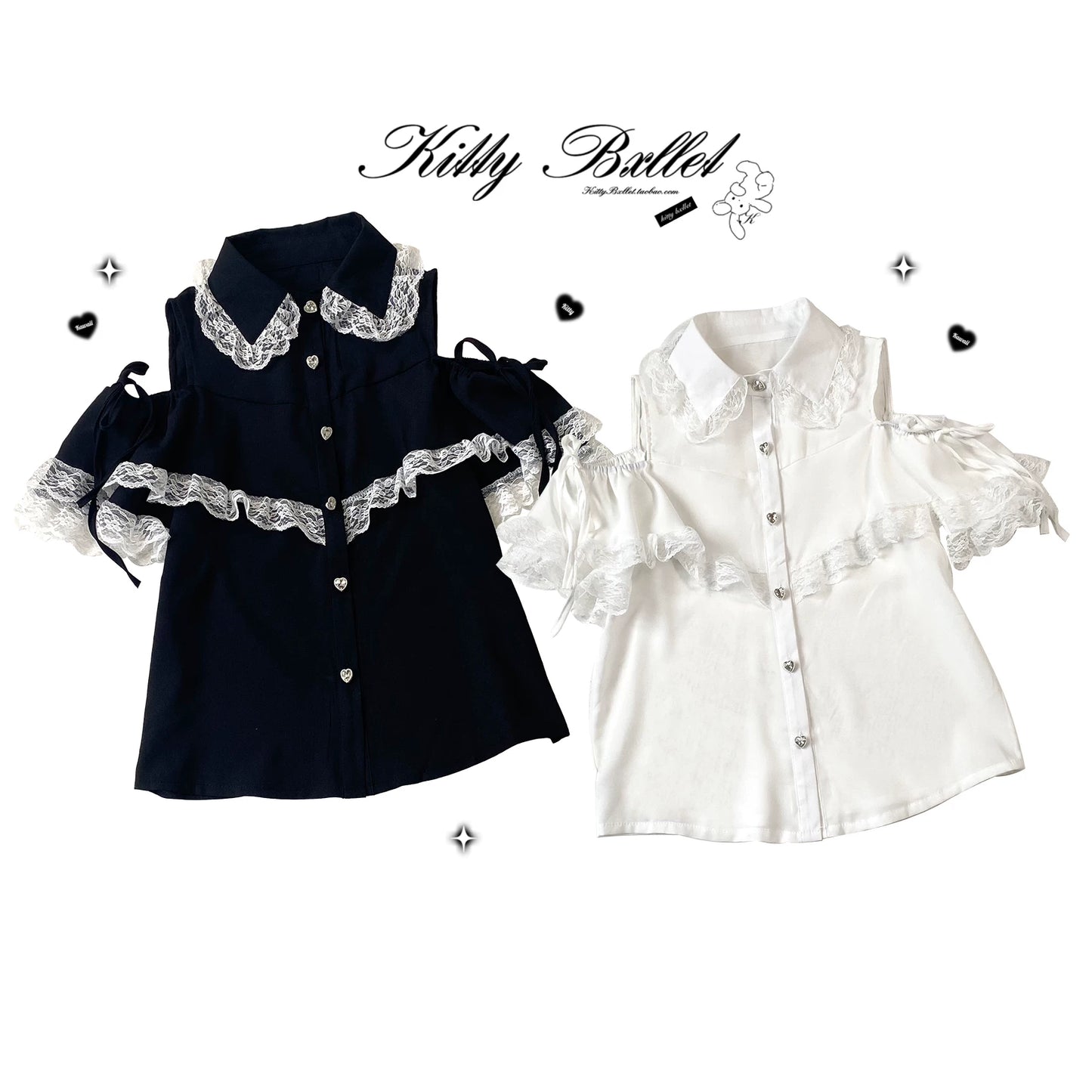 KittyBxllet Original “Heart Gem” Satin Ribbon Lace-Trim Off-Shoulder Tie Blouse